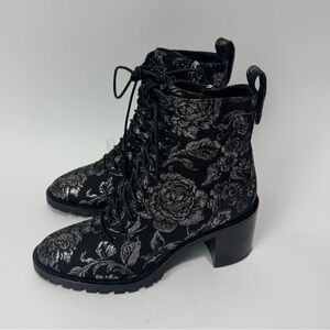 Jimmy Choo Cruz Brocade Black and Silver Floral Lace-Up Combat Boots